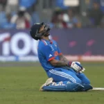 India’s Virat Kohli celebrates his century during the ICC Men’s Cricket World Cup first semifinal match between India and New Zealand in Mumbai, India.