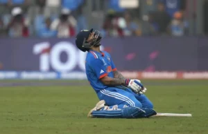 India’s Virat Kohli celebrates his century during the ICC Men’s Cricket World Cup first semifinal match between India and New Zealand in Mumbai, India.