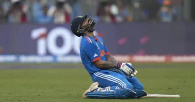 India’s Virat Kohli celebrates his century during the ICC Men’s Cricket World Cup first semifinal match between India and New Zealand in Mumbai, India.