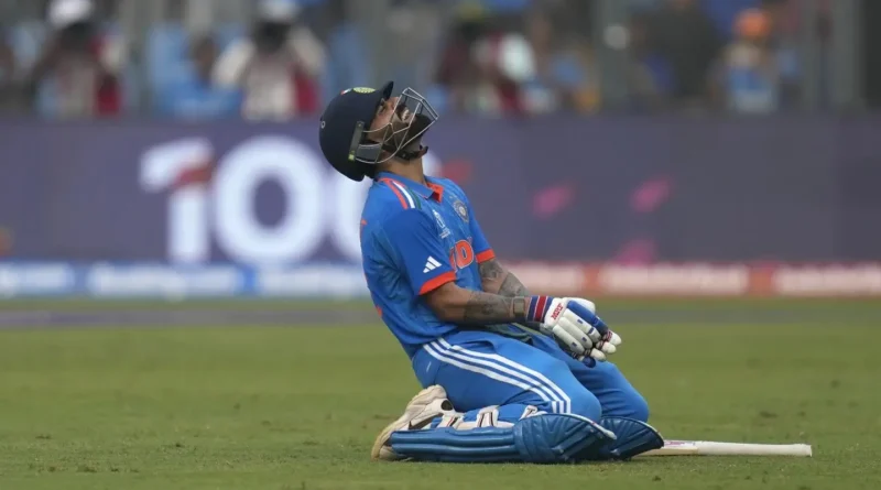 India’s Virat Kohli celebrates his century during the ICC Men’s Cricket World Cup first semifinal match between India and New Zealand in Mumbai, India.