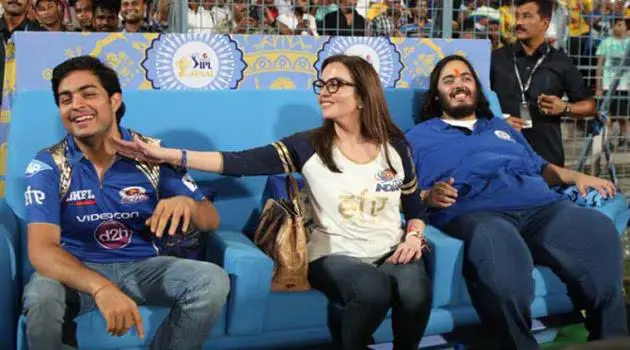 The Ambanis - Nita and her sons Akash and Anant - were a happy bunch at the Eden Gardens on Sunday.