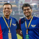 Proud owners Sanjiv Goenka and Shashwat Goenka all smiles on the field after a comprehensive win in our first-ever home game.