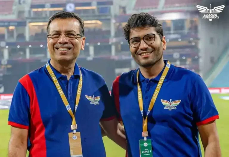 Proud owners Sanjiv Goenka and Shashwat Goenka all smiles on the field after a comprehensive win in our first-ever home game.