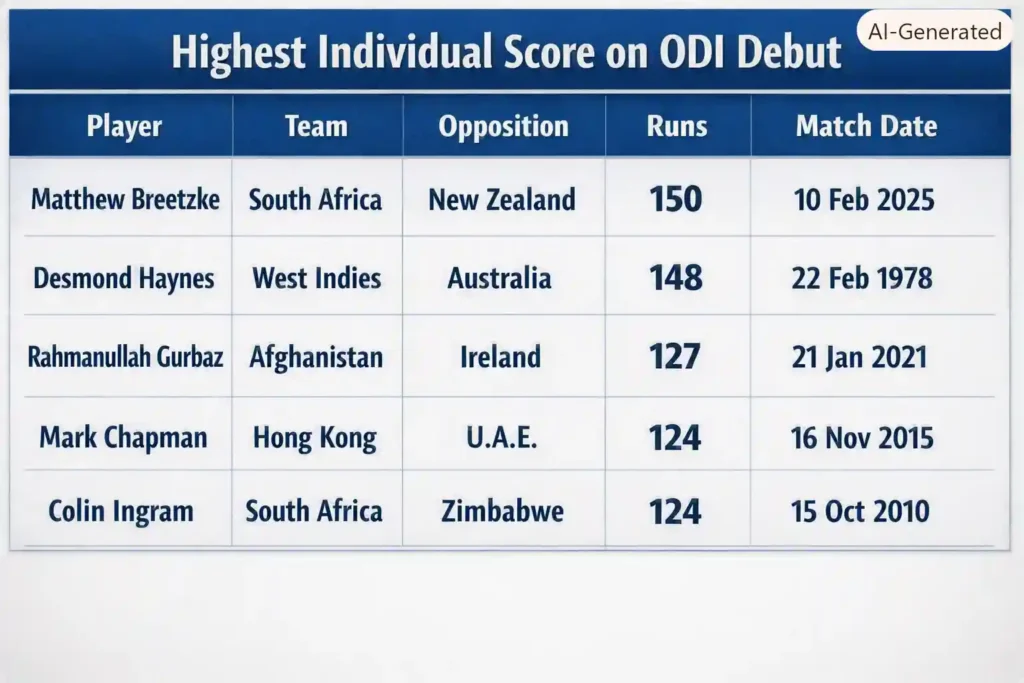 Highest Individual Score on ODI Debut. Note: This image is AI-generated.