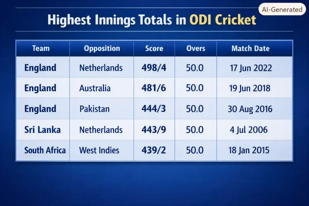 Highest Innings Totals in ODI Cricket. Note: This image is AI-generated.