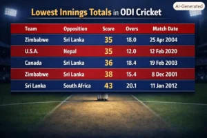 Lowest Innings Totals in ODI Cricket. Note: This image is AI-generated.