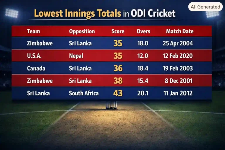 Lowest Innings Totals in ODI Cricket. Note: This image is AI-generated.