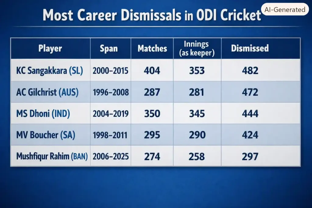 Most Career Dismissals in ODI Cricket. Note: This image is AI-generated.