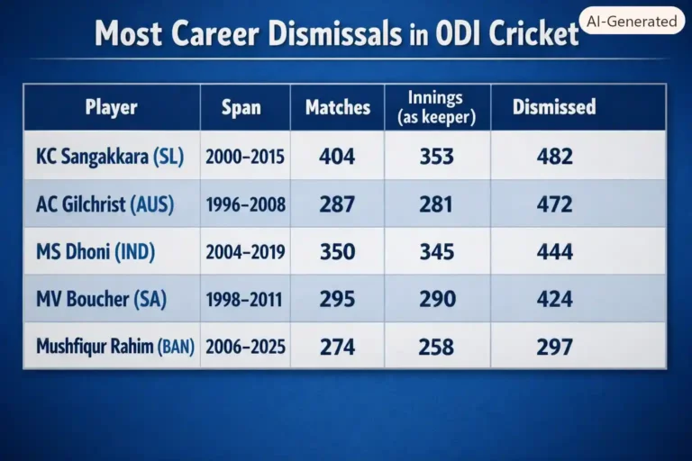 Most Career Dismissals in ODI Cricket. Note: This image is AI-generated.