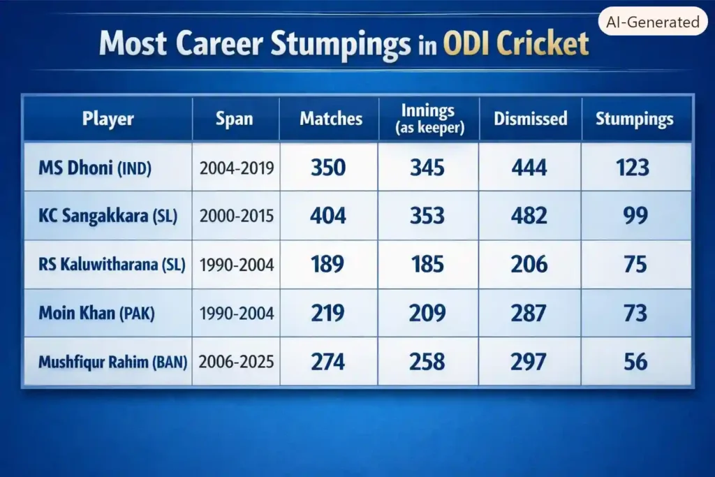 Most Career Stumpings in ODI Cricket. Note: This image is AI-generated.