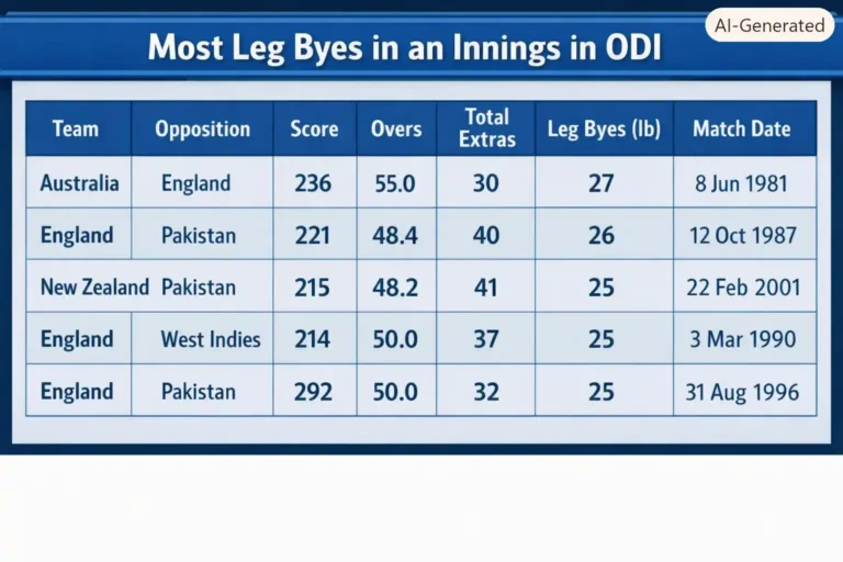Most Leg Byes in an Innings in ODI Cricket. Note: This image is AI-generated.