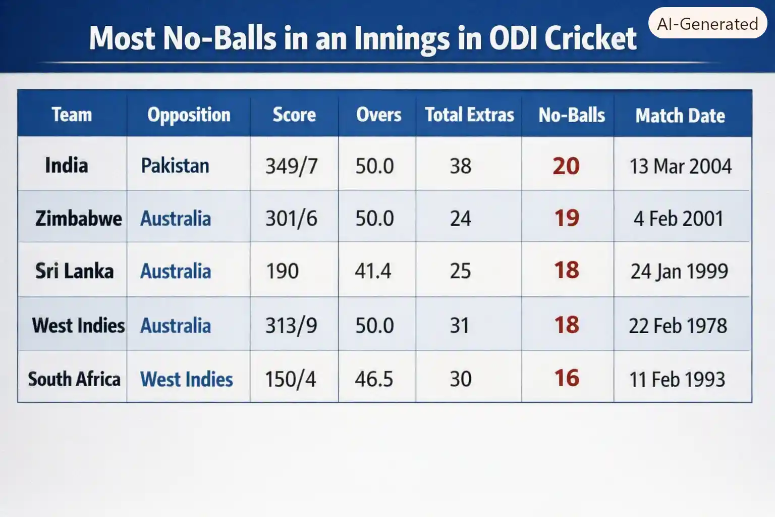 Most No-Balls in an Innings in ODI Cricket. Note: This image is AI-generated.