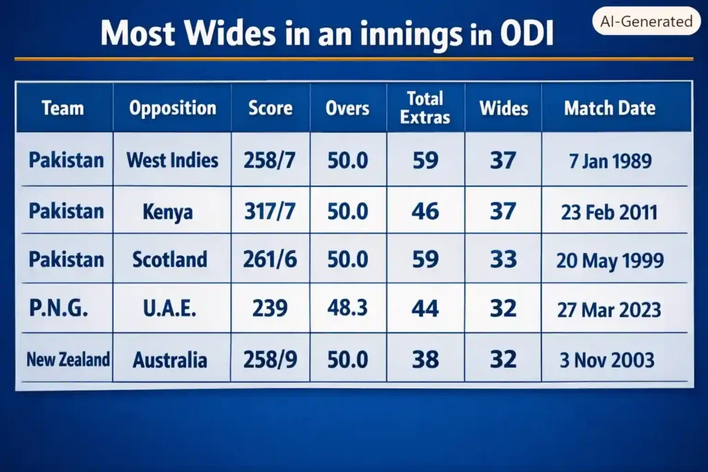 Most Wides in an innings in ODI Cricket. Note: This image is AI-generated.