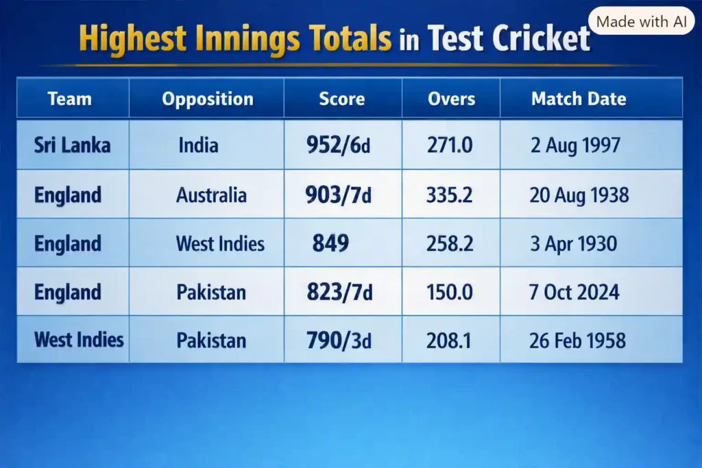 Highest Innings Totals in Test Cricket. Note: This image is AI-generated.