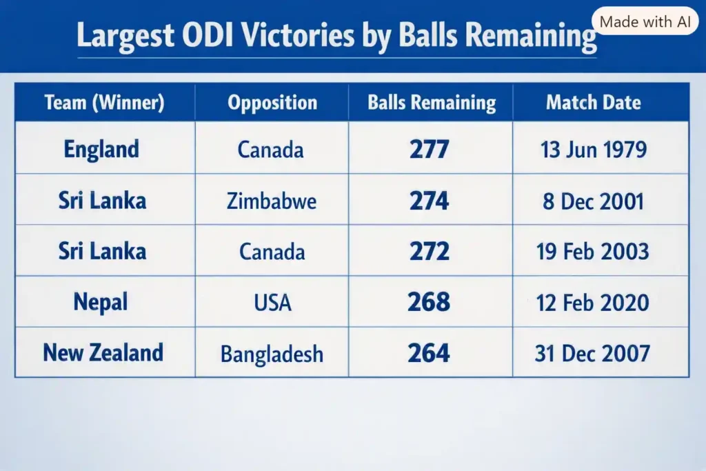 Largest ODI Victories by Balls Remaining. Note: This image is AI-generated.