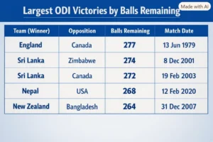 Largest ODI Victories by Balls Remaining. Note: This image is AI-generated.