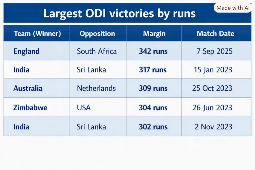 Largest ODI victories by runs. Note: This image is AI-generated.