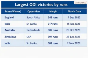 Largest ODI victories by runs. Note: This image is AI-generated.