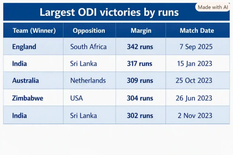 Largest ODI victories by runs. Note: This image is AI-generated.