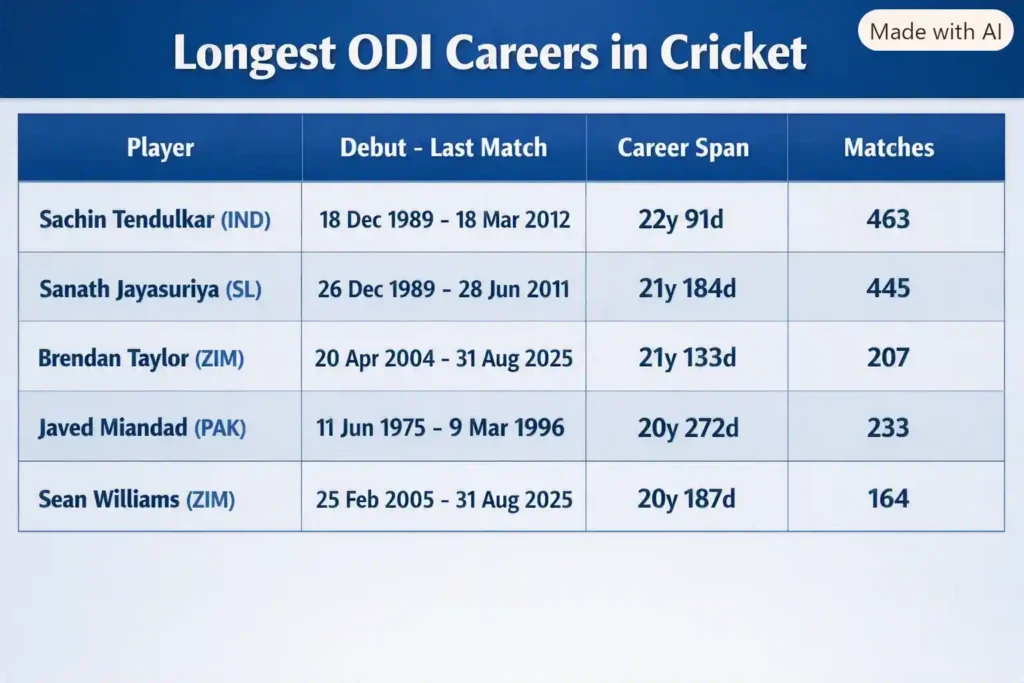 Longest ODI Careers in Cricket. Note: This image is AI-generated.