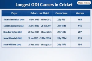 Longest ODI Careers in Cricket. Note: This image is AI-generated.