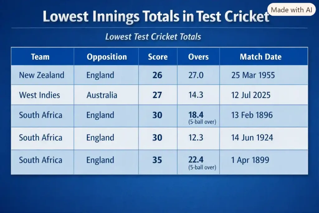 Lowest Innings Totals in Test Cricket. Note: This image is AI-generated.