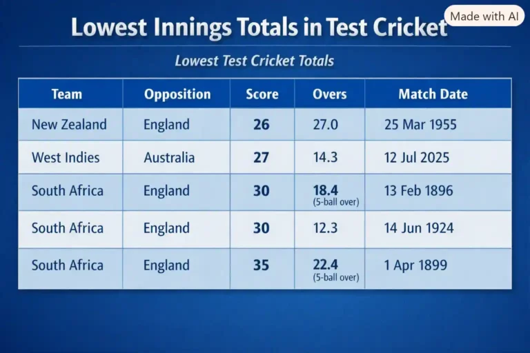 Lowest Innings Totals in Test Cricket. Note: This image is AI-generated.