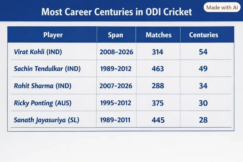 Most Career Centuries in ODI Cricket. Note: This image is AI-generated.