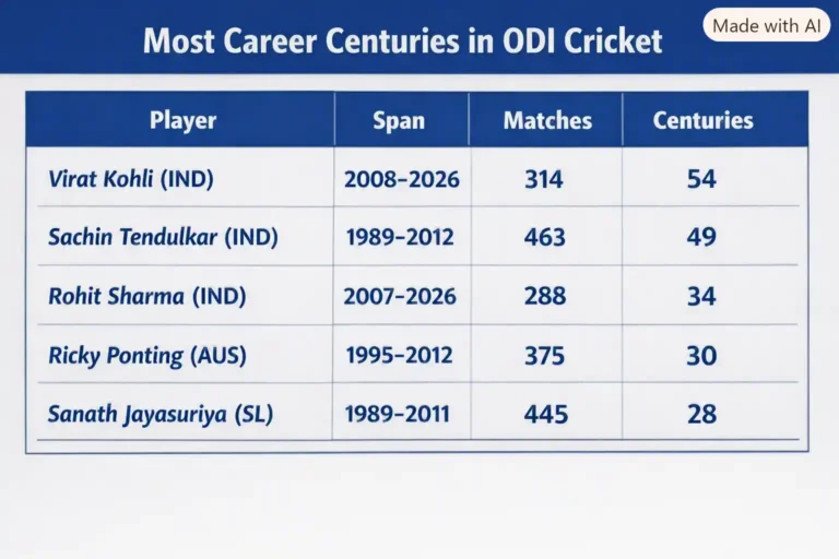 Most Career Centuries in ODI Cricket. Note: This image is AI-generated.