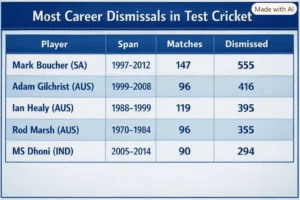 Most Career Dismissals in Test Cricket. Note: This image is AI-generated.