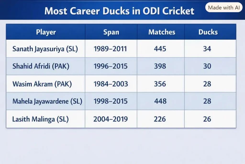 Most Career Ducks in ODI Cricket. Note: This image is AI-generated.