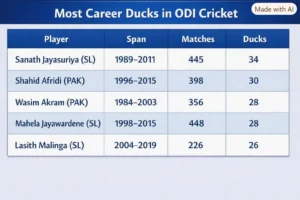 Most Career Ducks in ODI Cricket. Note: This image is AI-generated.