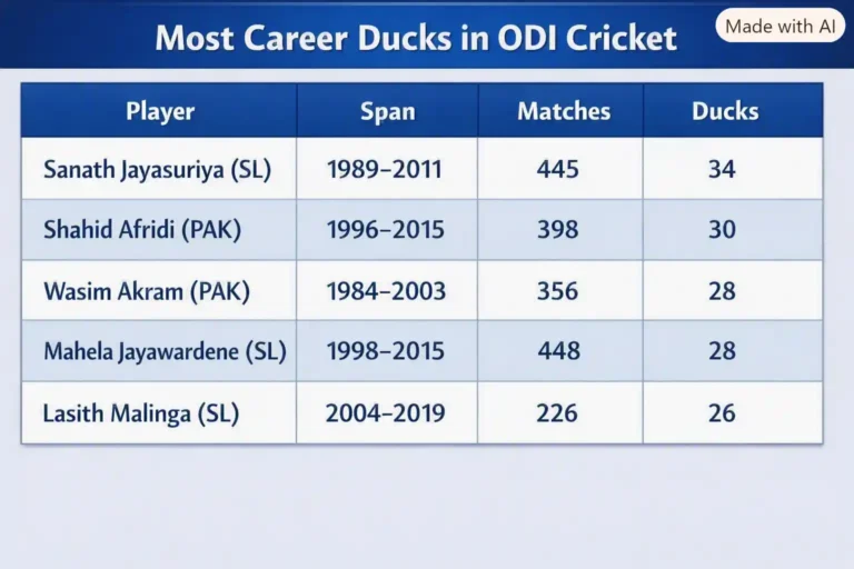 Most Career Ducks in ODI Cricket. Note: This image is AI-generated.