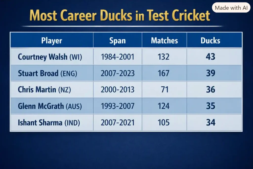 Most Career Ducks in Test Cricket. Note: This image is AI-generated.
