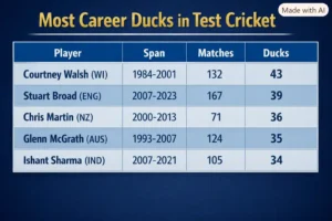 Most Career Ducks in Test Cricket. Note: This image is AI-generated.