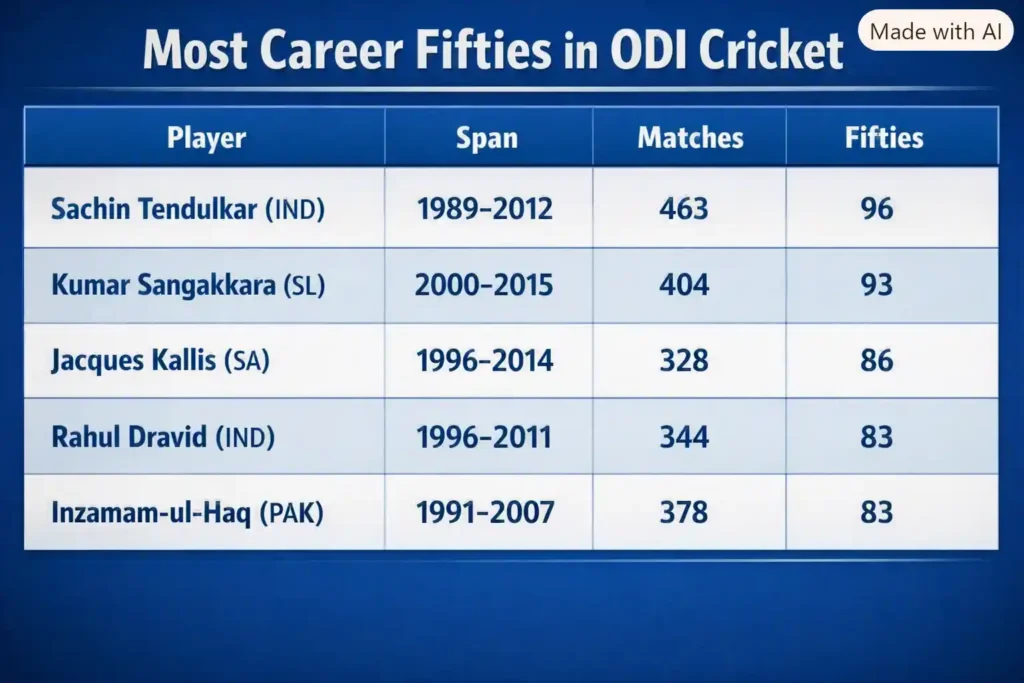 Most Career Fifties in ODI Cricket. Note: This image is AI-generated.