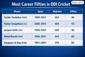 Most Career Fifties in ODI Cricket. Note: This image is AI-generated.