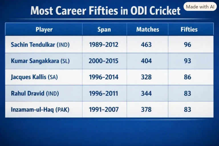 Most Career Fifties in ODI Cricket. Note: This image is AI-generated.