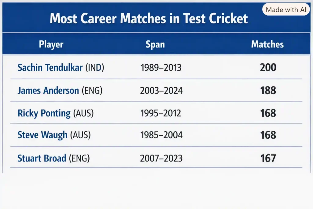 Most Career Matches in Test Cricket. Note: This image is AI-generated.