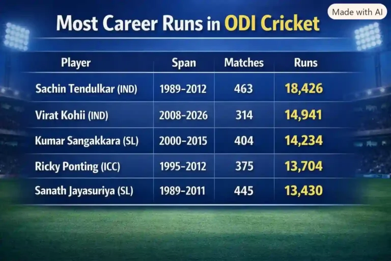 Most Career Runs in ODI Cricket. Note: This image is AI-generated.
