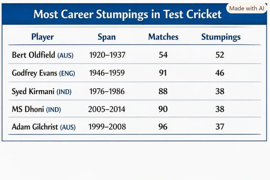 Most Career Stumpings in Test Cricket. Note: This image is AI-generated.