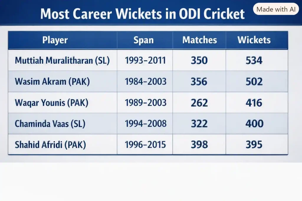 Most Career Wickets in ODI Cricket. Note: This image is AI-generated.