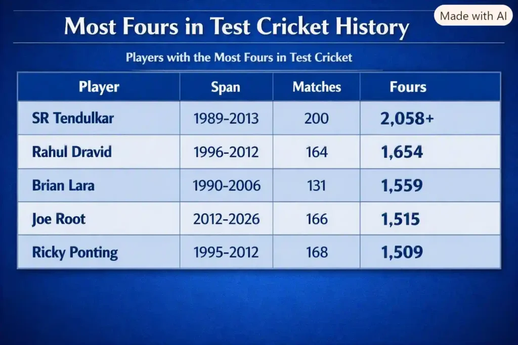 Most Fours in Test Cricket History. Note: This image is AI-generated.