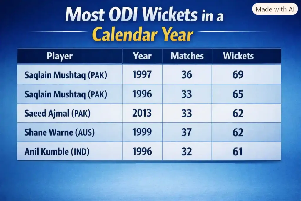 Most ODI Wickets in a Calendar Year. Note: This image is AI-generated.