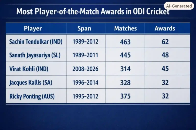 Most Player-of-the-Match Awards in ODI Cricket. Note: This image is AI-generated.