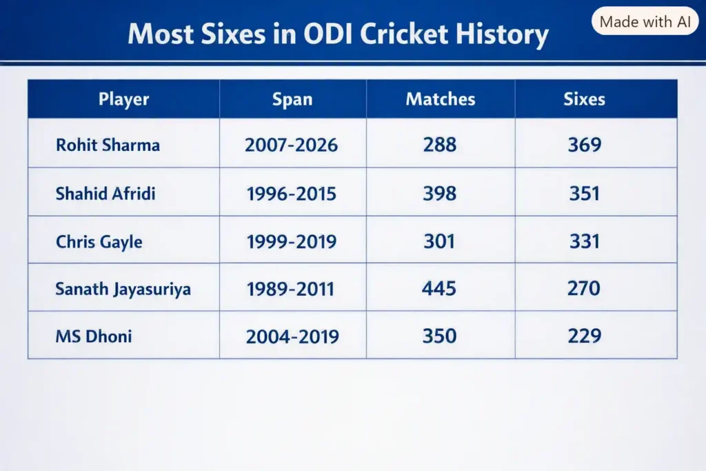 Most Sixes in ODI Cricket History. Note: This image is AI-generated.