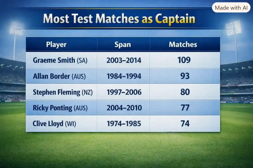 Most Test Matches as Captain. Note: This image is AI-generated.