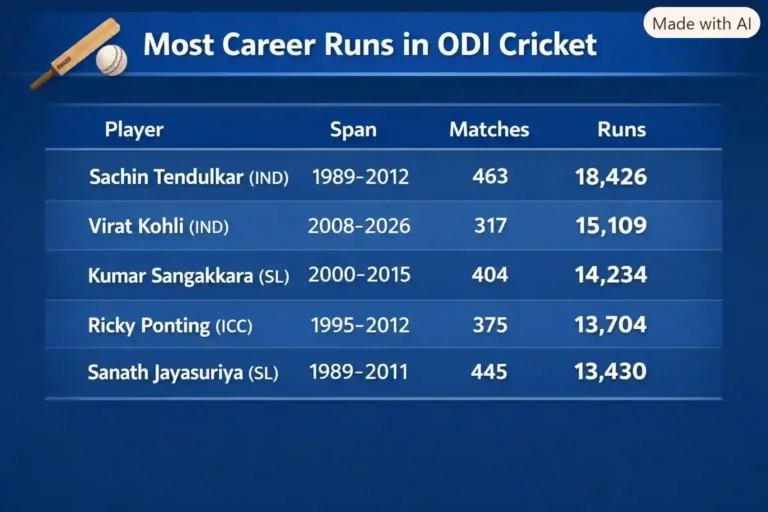 Most Career Runs in ODI Cricket. Note: This image is AI-generated.