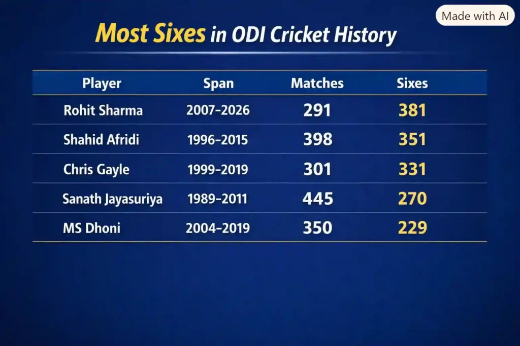 Most Sixes in ODI Cricket History. Note: This image is AI-generated.